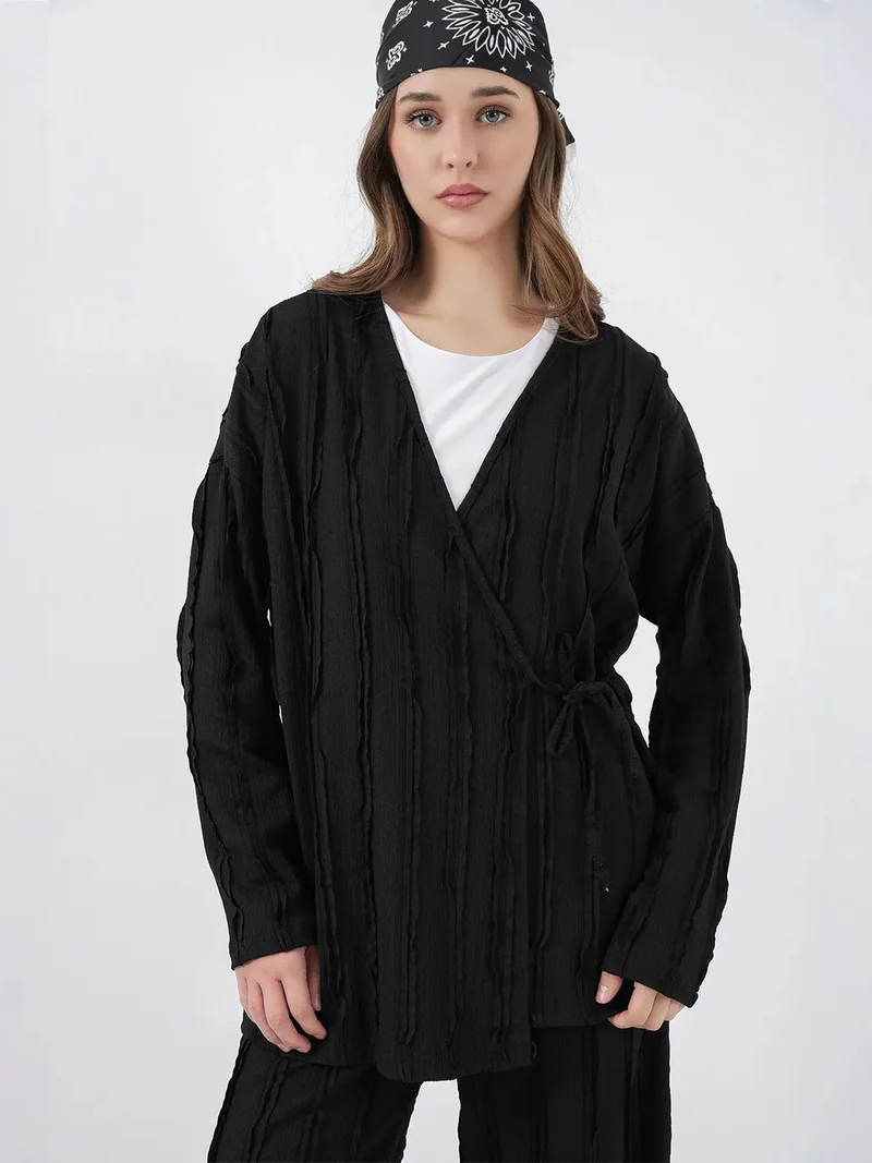 BIG DART BDART Textured V-Neck Tie Detail Kimono & Wide Leg Pants Set